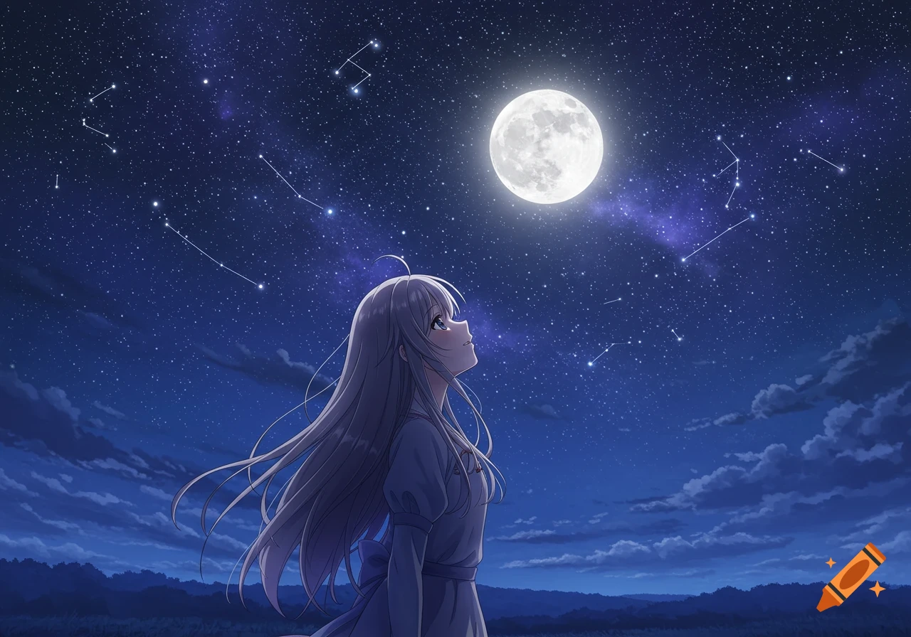 Anime girl looking up at a starry night sky with a bright full moon and visible constellations.