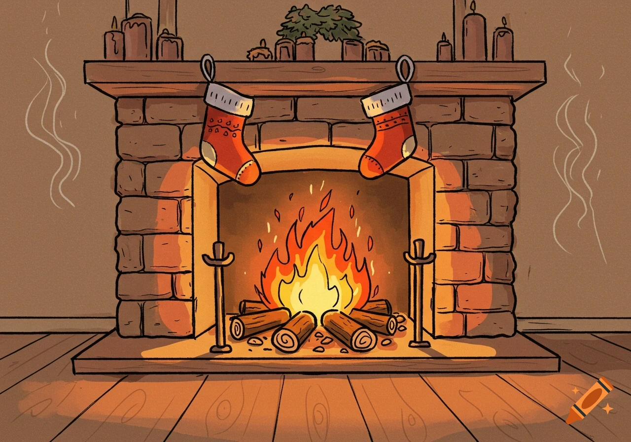 A cozy 2D illustration of a brick fireplace with a roaring fire, logs, and two red Christmas stockings hanging from the mantel.