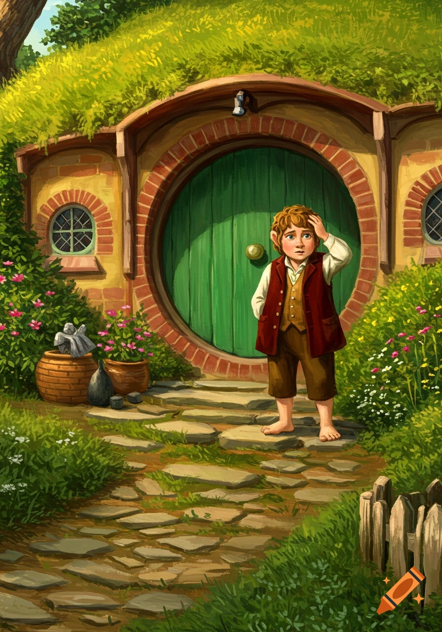 Illustrated Bilbo Baggins stands barefoot, looking confused in front of his round green hobbit hole surrounded by grass and flowers.