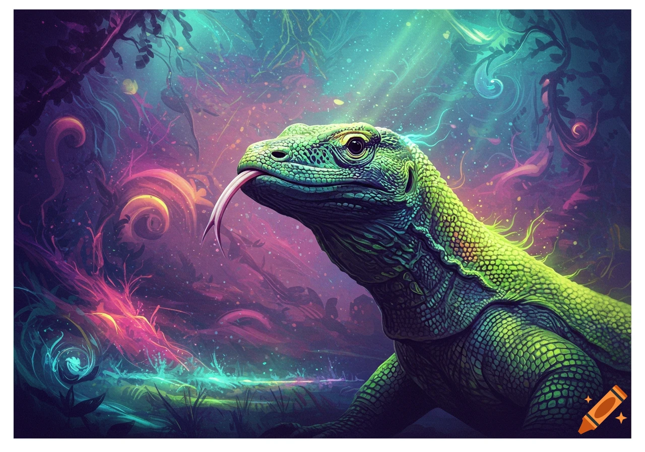 A vibrant green Komodo dragon with its tongue out, set against a swirling, colorful psychedelic jungle background.