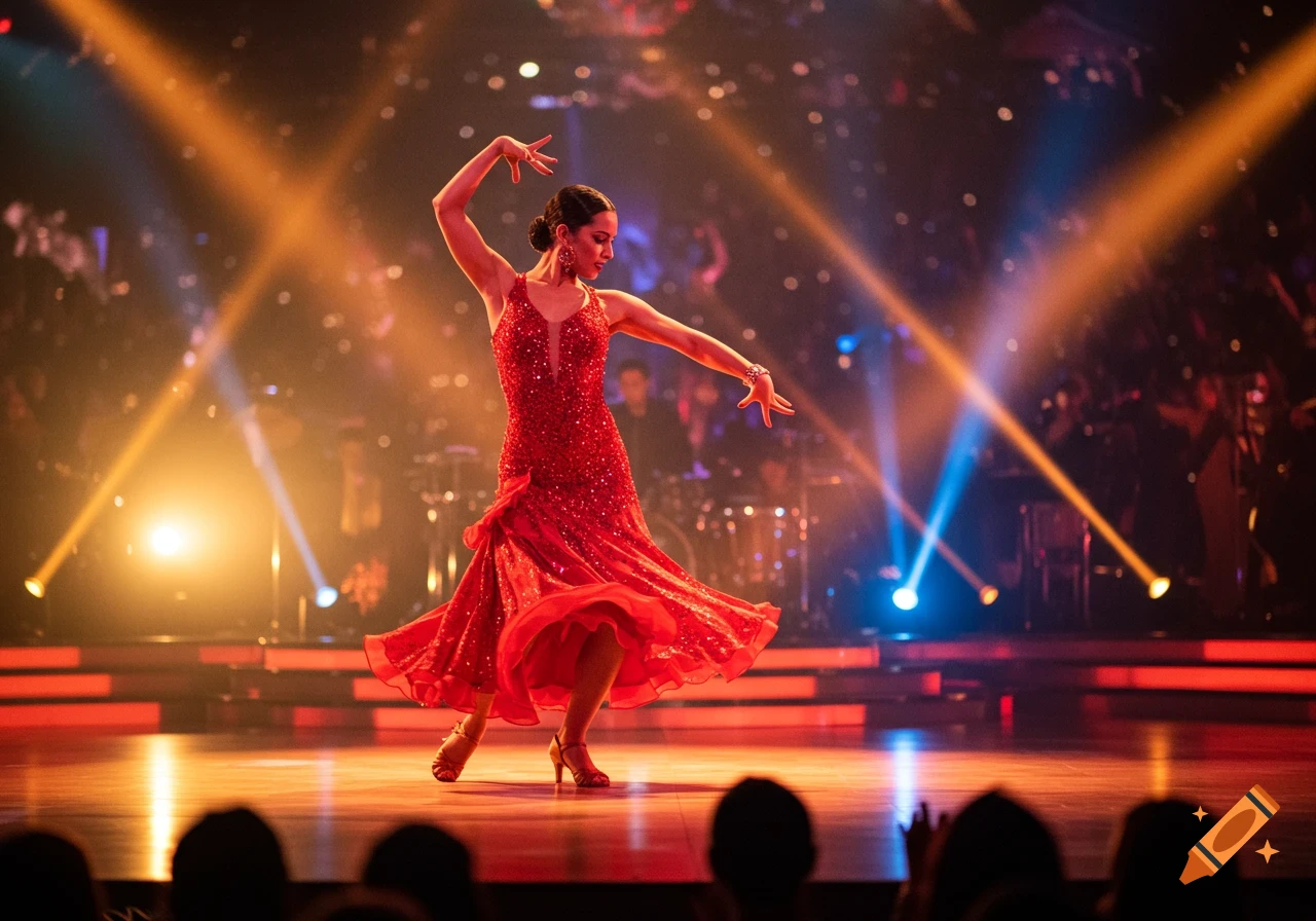A woman in a sparkly red dress dances on a stage bathed in warm spotlights, with an audience in the foreground.