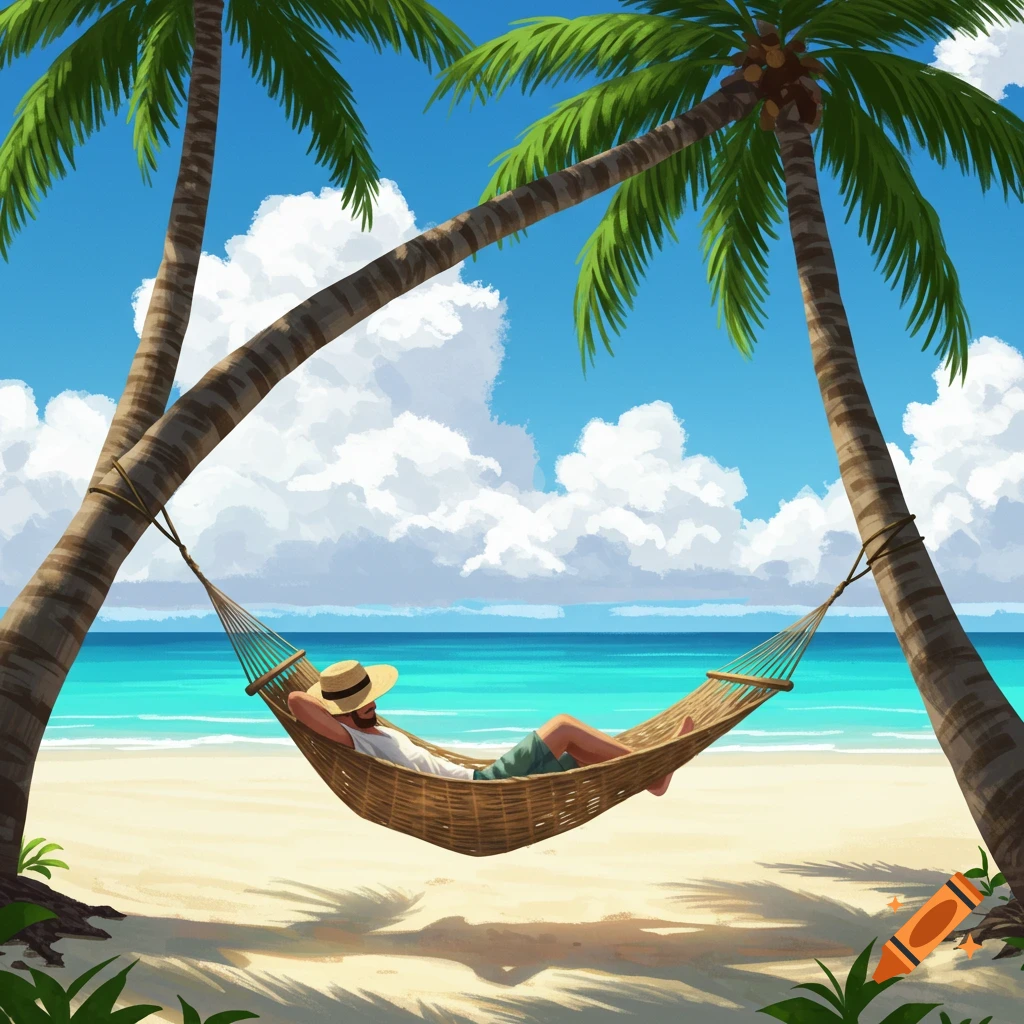 A man in a straw hat relaxes in a hammock between two palm trees on a sunny tropical beach.