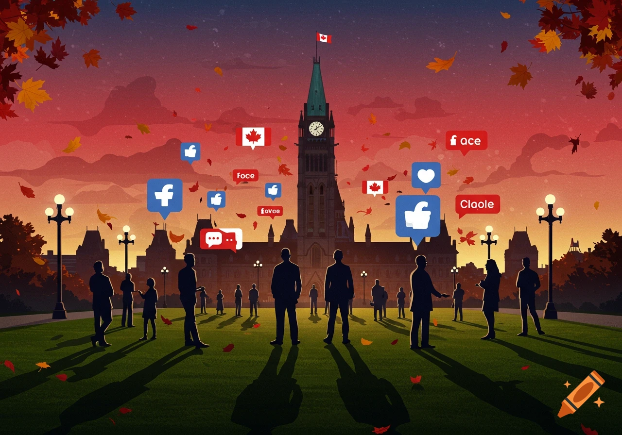 An illustration of the Canadian Parliament building at sunset with silhouetted people on the lawn and social media icons and autumn leaves floating in the sky.