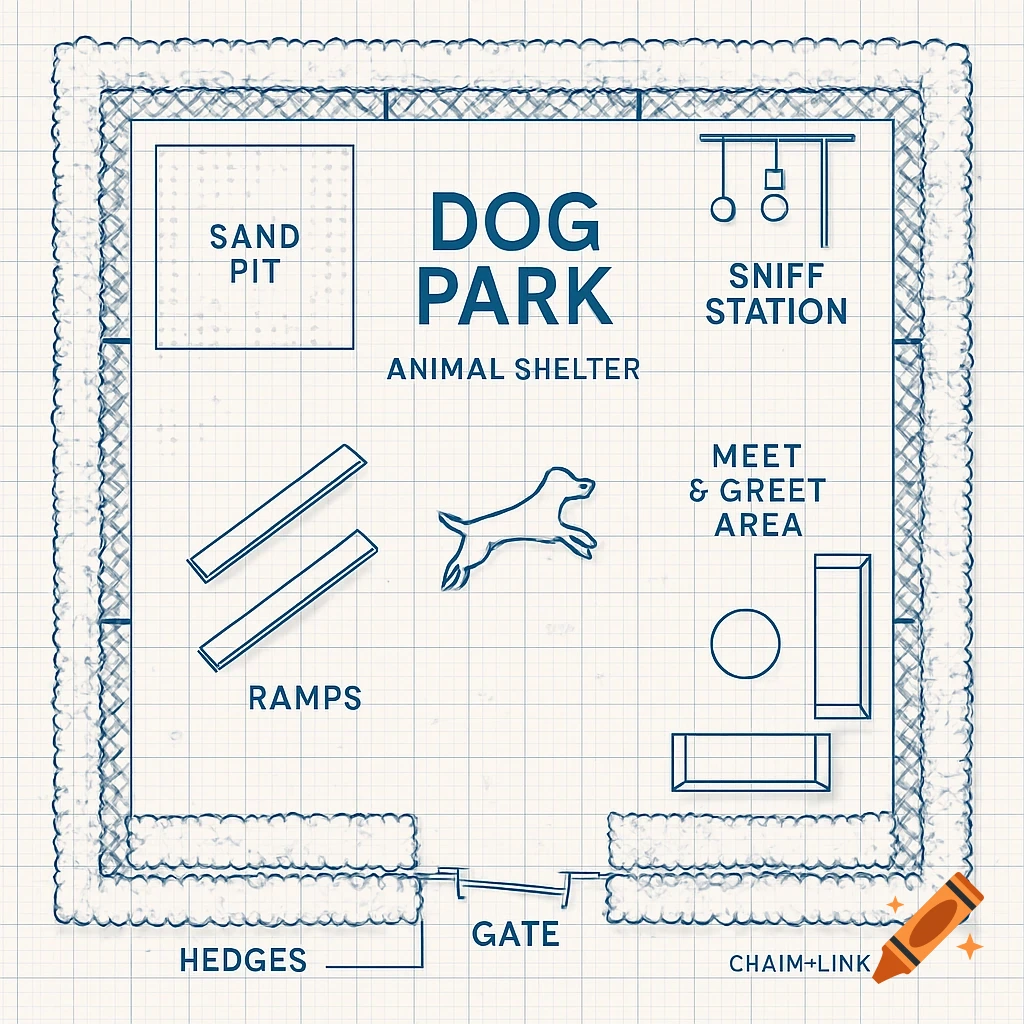 A blueprint-style overhead map of a dog park with areas like a sand pit, ramps, sniff station, meet & greet area, hedges, gate, and fence.