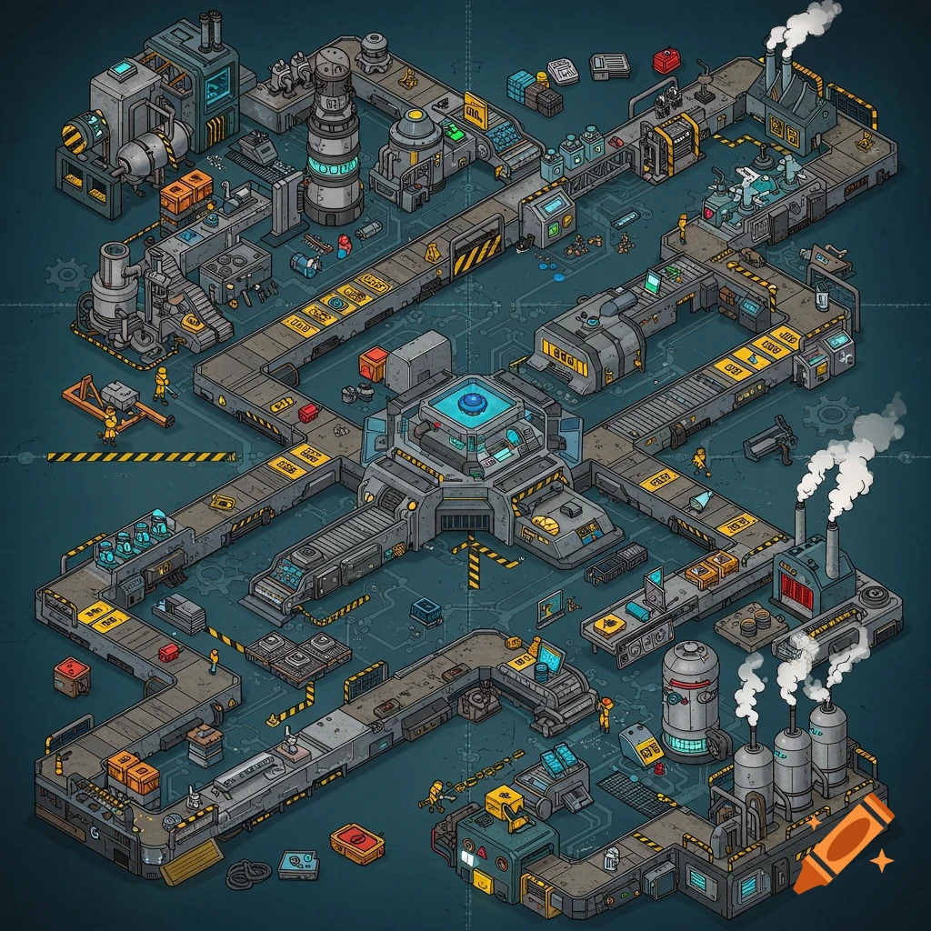 An intricate isometric illustration of a manufacturing factory laid out like a board game, featuring conveyor belts, machines, and smoke stacks.