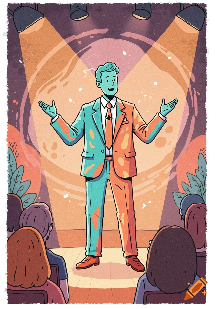 Cartoon illustration of a man in a split teal and orange suit presenting on a stage under spotlights to an audience.