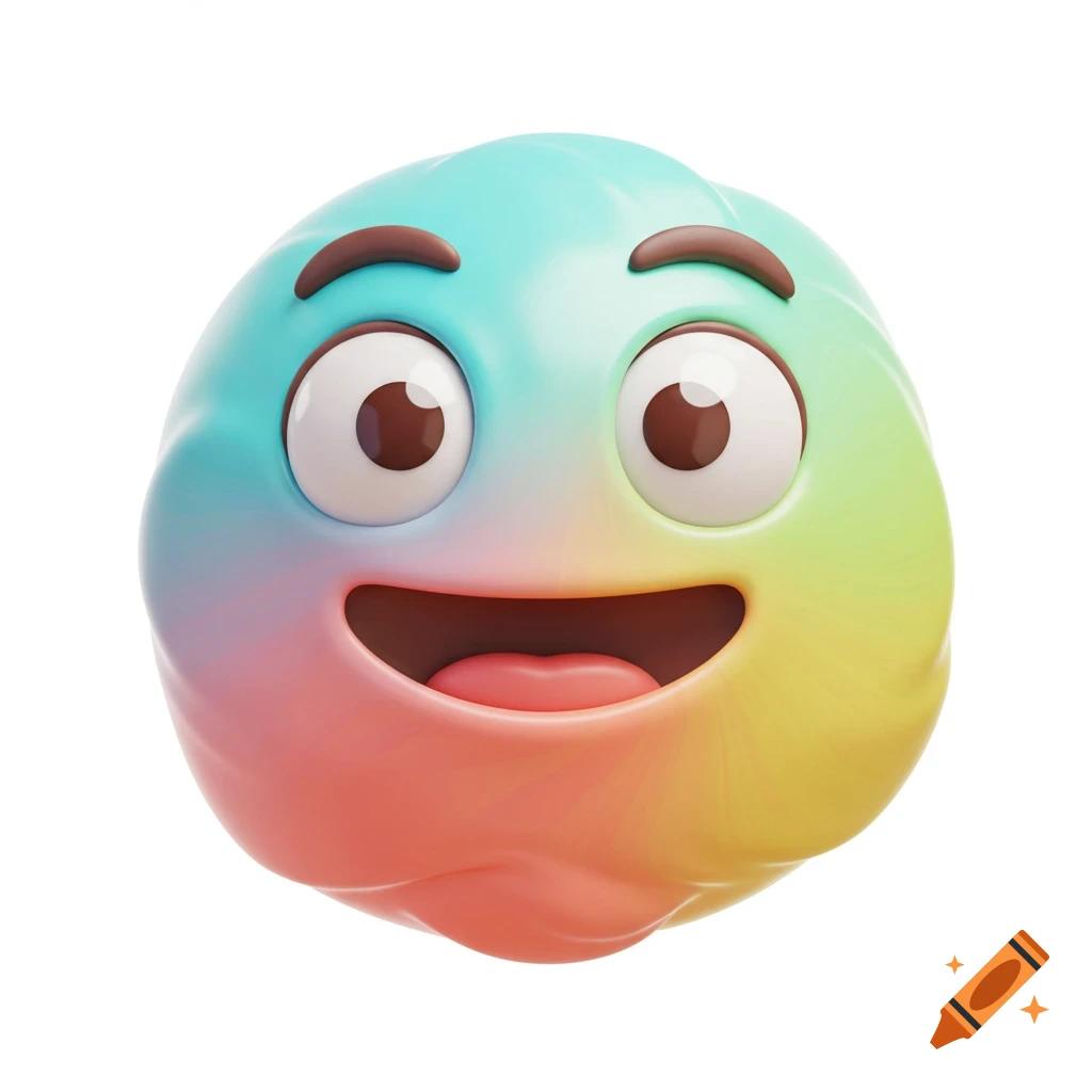 A 3D rendered, cheerful rainbow emoji with wide eyes and a wide smile, isolated on white.