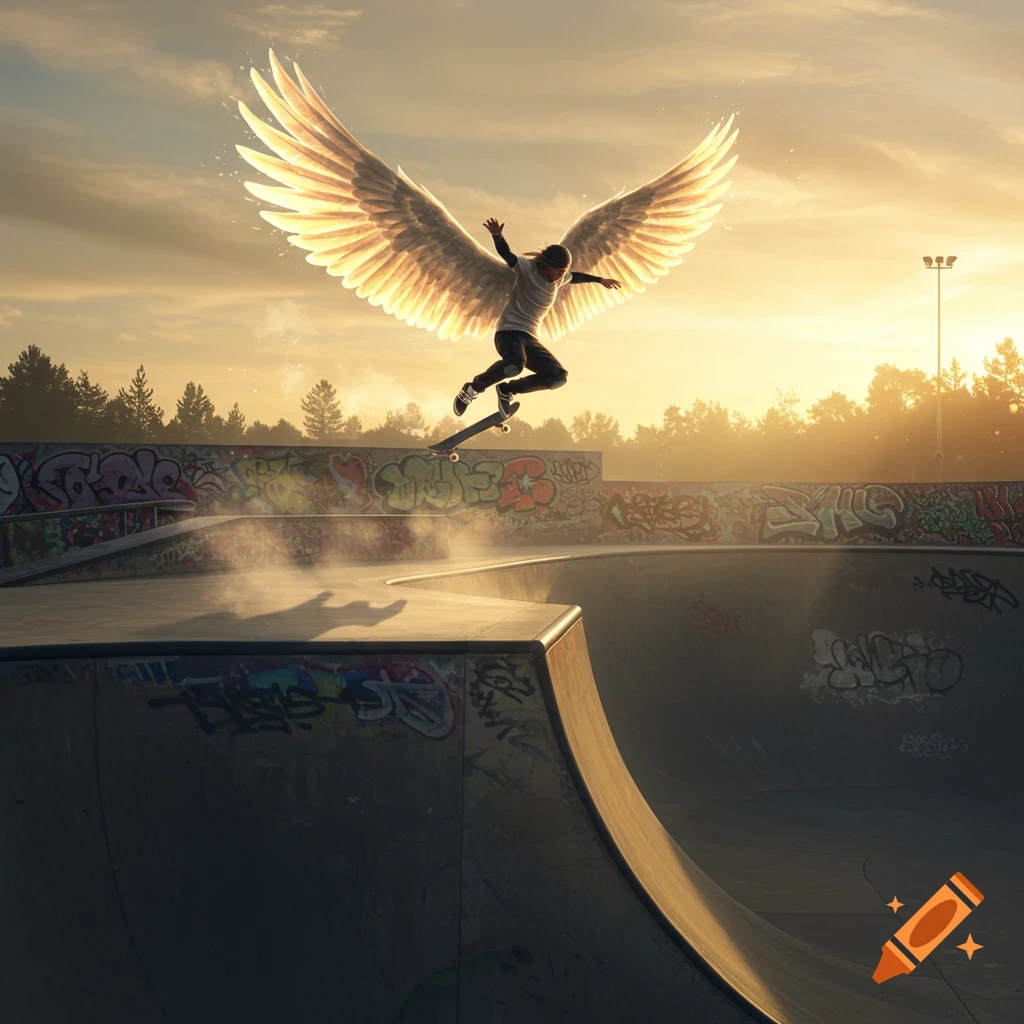 A person with glowing golden wings hovers on a skateboard over a concrete skatepark at sunset, surrounded by graffiti.
