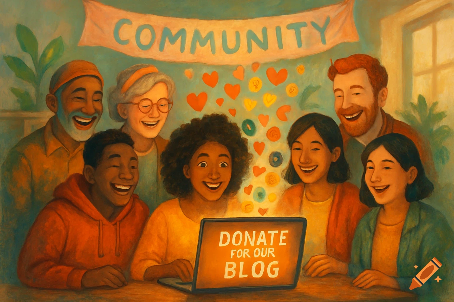 An illustration of a diverse group of smiling people gathered around a laptop, which displays 'DONATE FOR OUR BLOG'. A banner above reads 'COMMUNITY'.