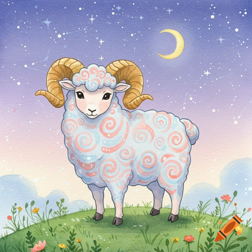 Adorable watercolor ram with pink and blue swirls stands on a grassy hill under a starry night sky and crescent moon.