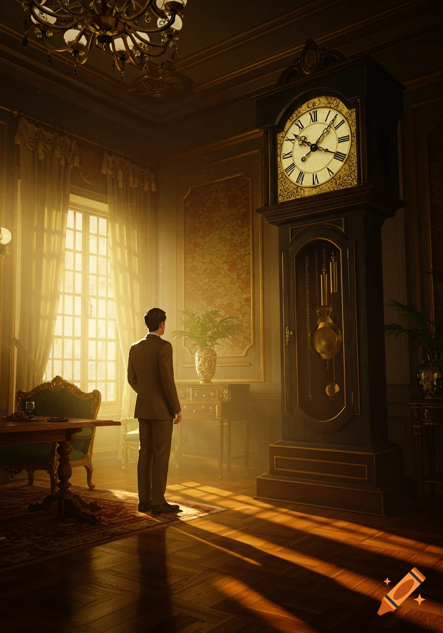 A man in a suit stands in a grand, sunlit room with a large grandfather clock and ornate furniture, looking towards a window.