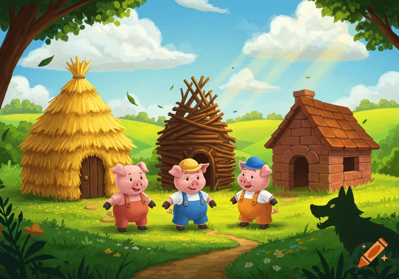 A colorful illustration of the three little pigs in overalls standing on a path in front of their straw, stick, and brick houses, with a wolf's silhouette nearby.