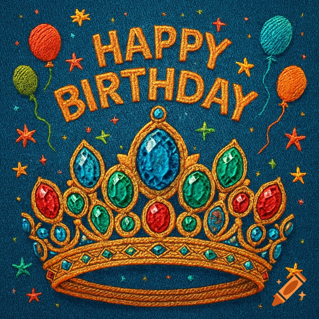 Colorful embroidered 'Happy Birthday' greeting card with a jeweled crown, balloons, and stars on blue fabric.