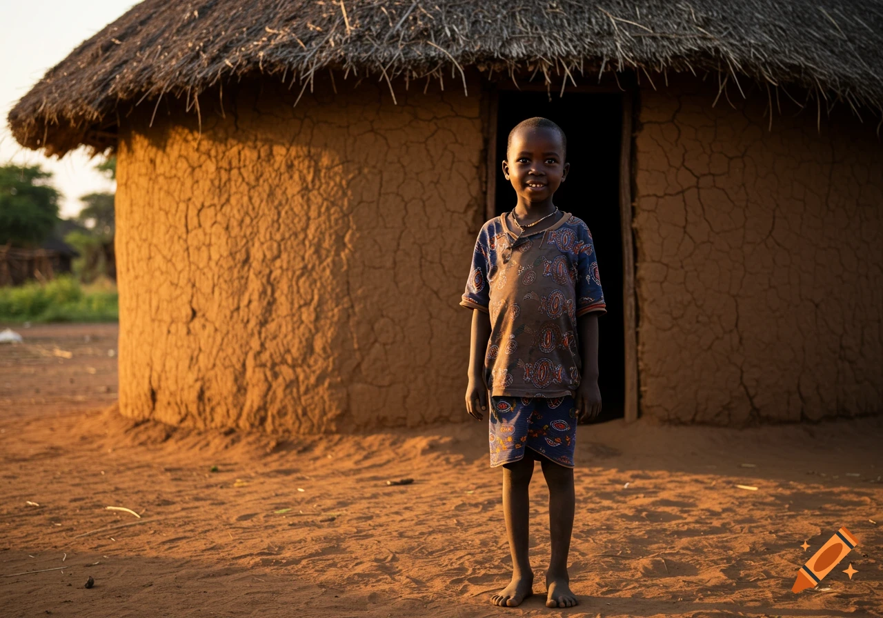 A young boy stands barefoot, smiling, in front of a round mud and thatch hut in a sunny, rural setting.