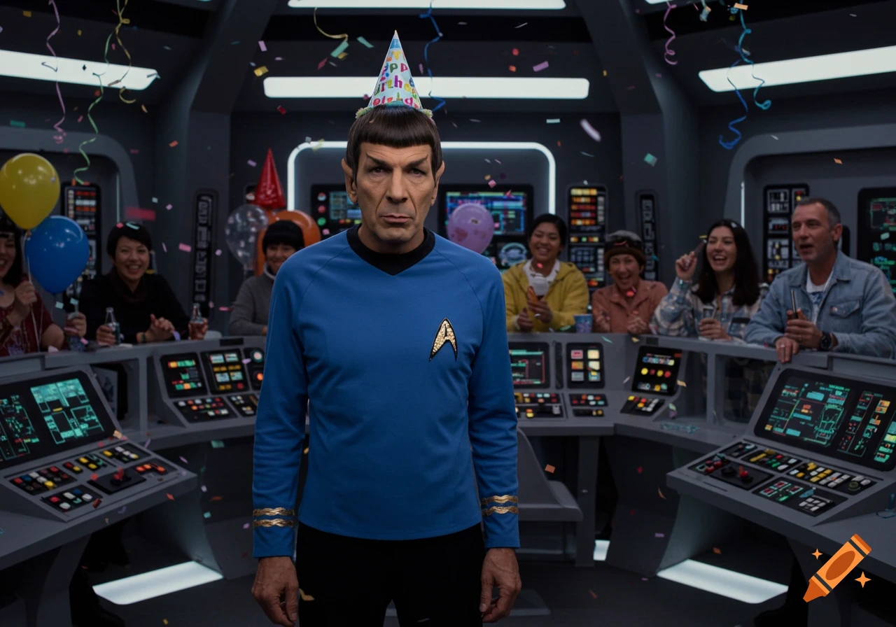 Mr. Spock in a Starfleet uniform and birthday hat stands seriously on the Enterprise bridge, surrounded by confetti and celebrating crew members.