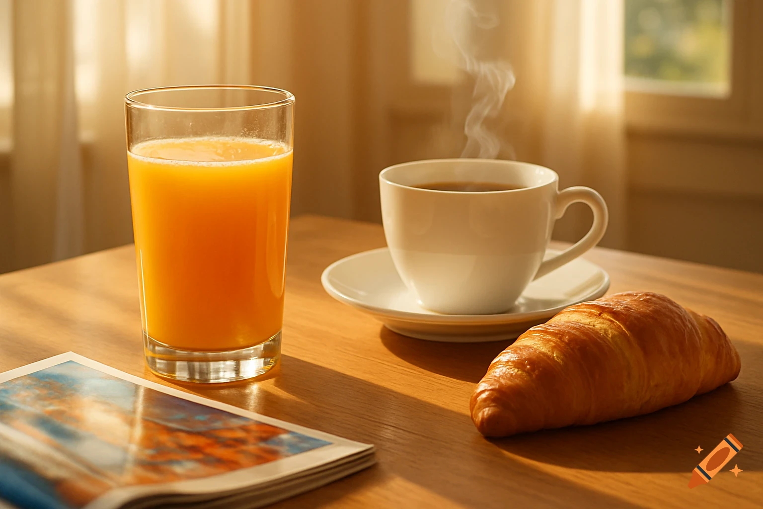 A close-up of a breakfast table with orange juice, steaming coffee in a white cup, a croissant, and a magazine.