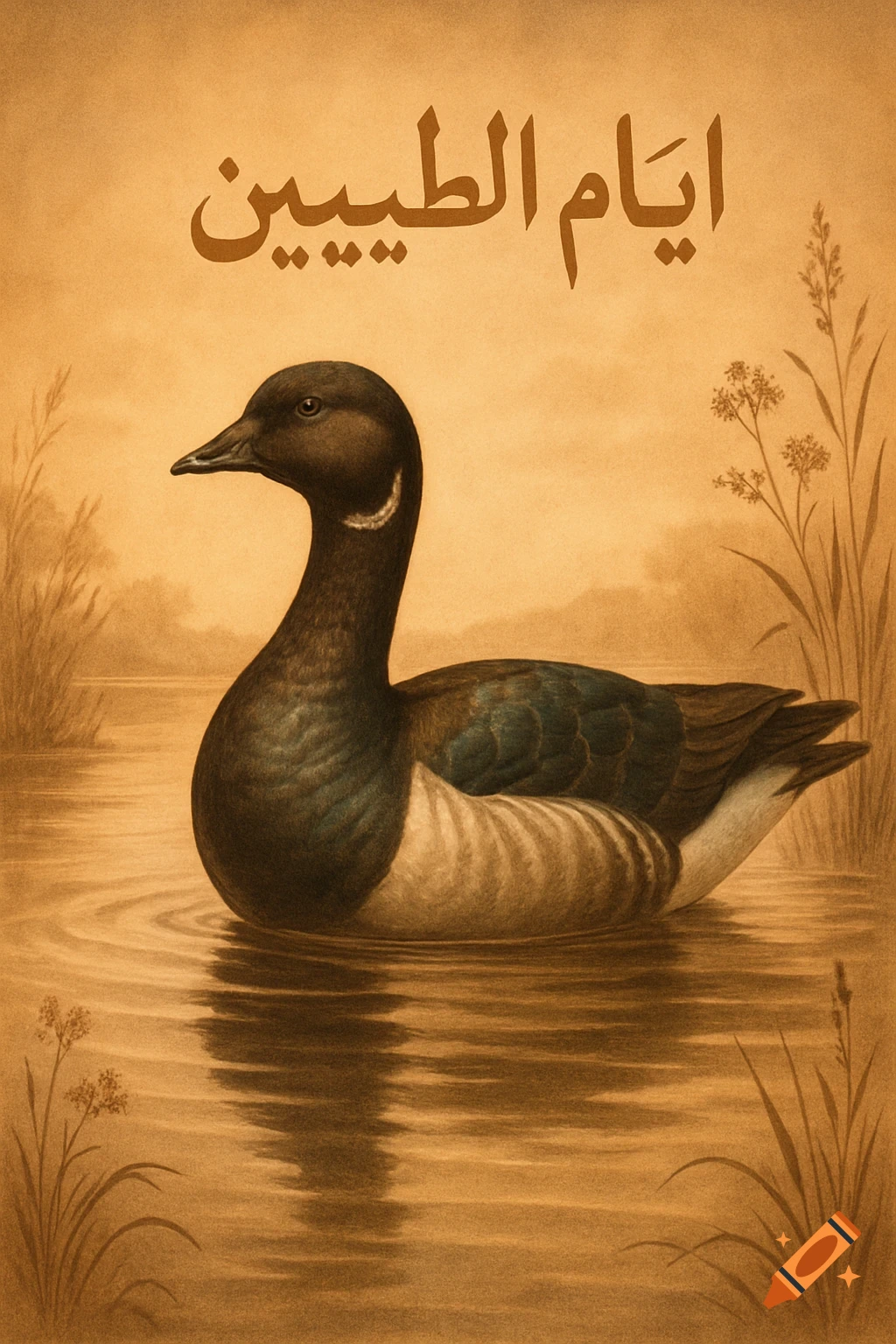 A vintage sepia-toned illustration of a Brant duck swimming in water with "أيام الطيبين" (Ayam Al-Tayibeen) in Arabic script above.