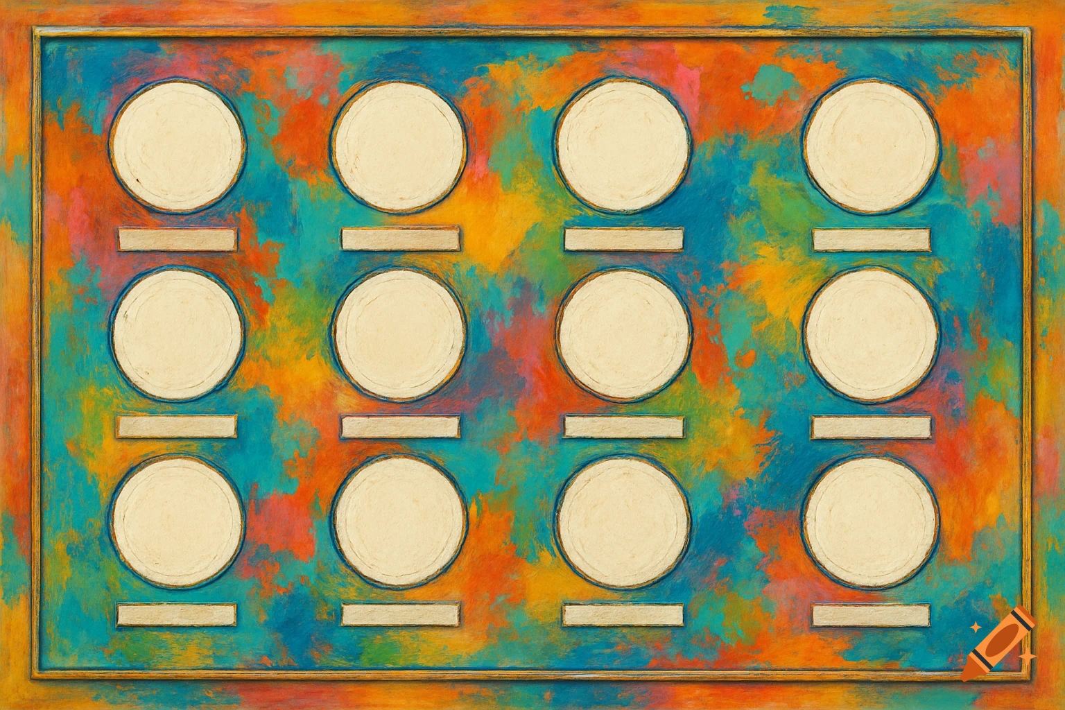 Colorful abstract art featuring a grid of twelve blank circular and rectangular placeholders on a vibrant, painterly background.