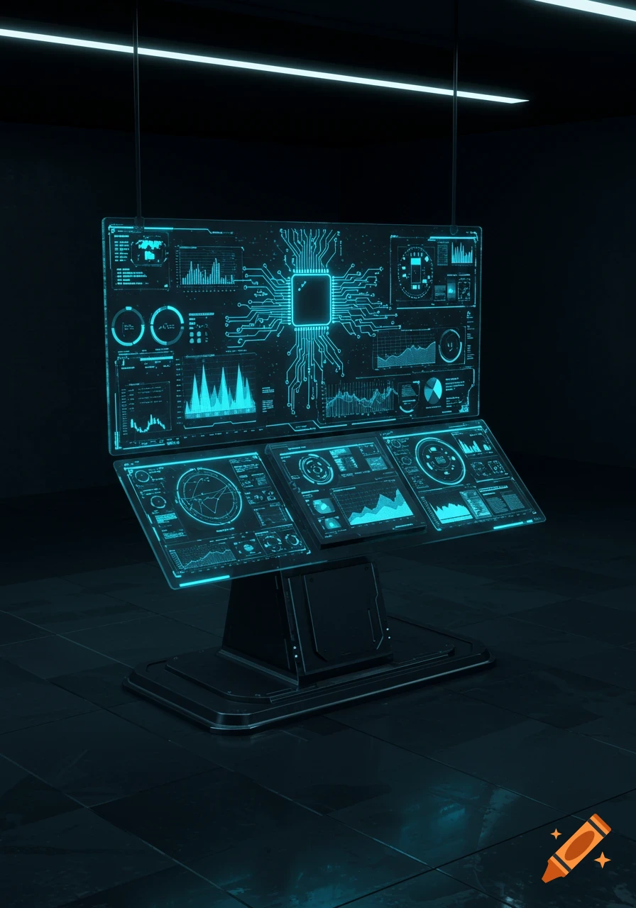 A futuristic holographic display with blue circuit board patterns and data visualizations on multiple screens, set in a dark room.
