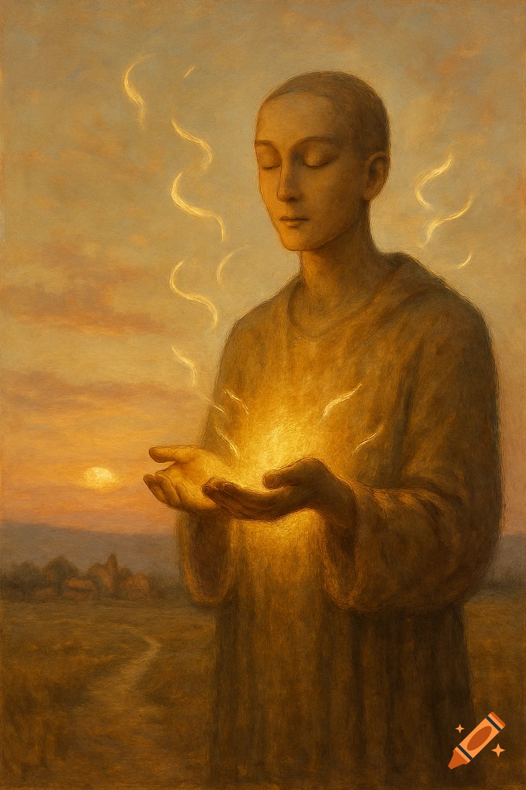 A bald figure with closed eyes holds glowing light in cupped hands against a sunset landscape in a spiritual painting.
