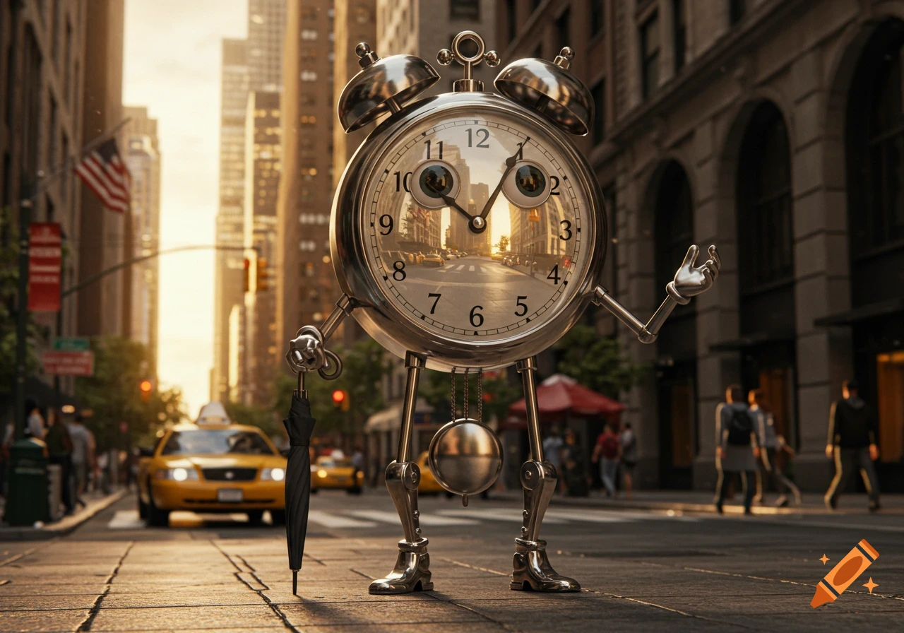 A detailed, anthropomorphic silver alarm clock with arms and legs stands on a bustling city street, holding an umbrella.
