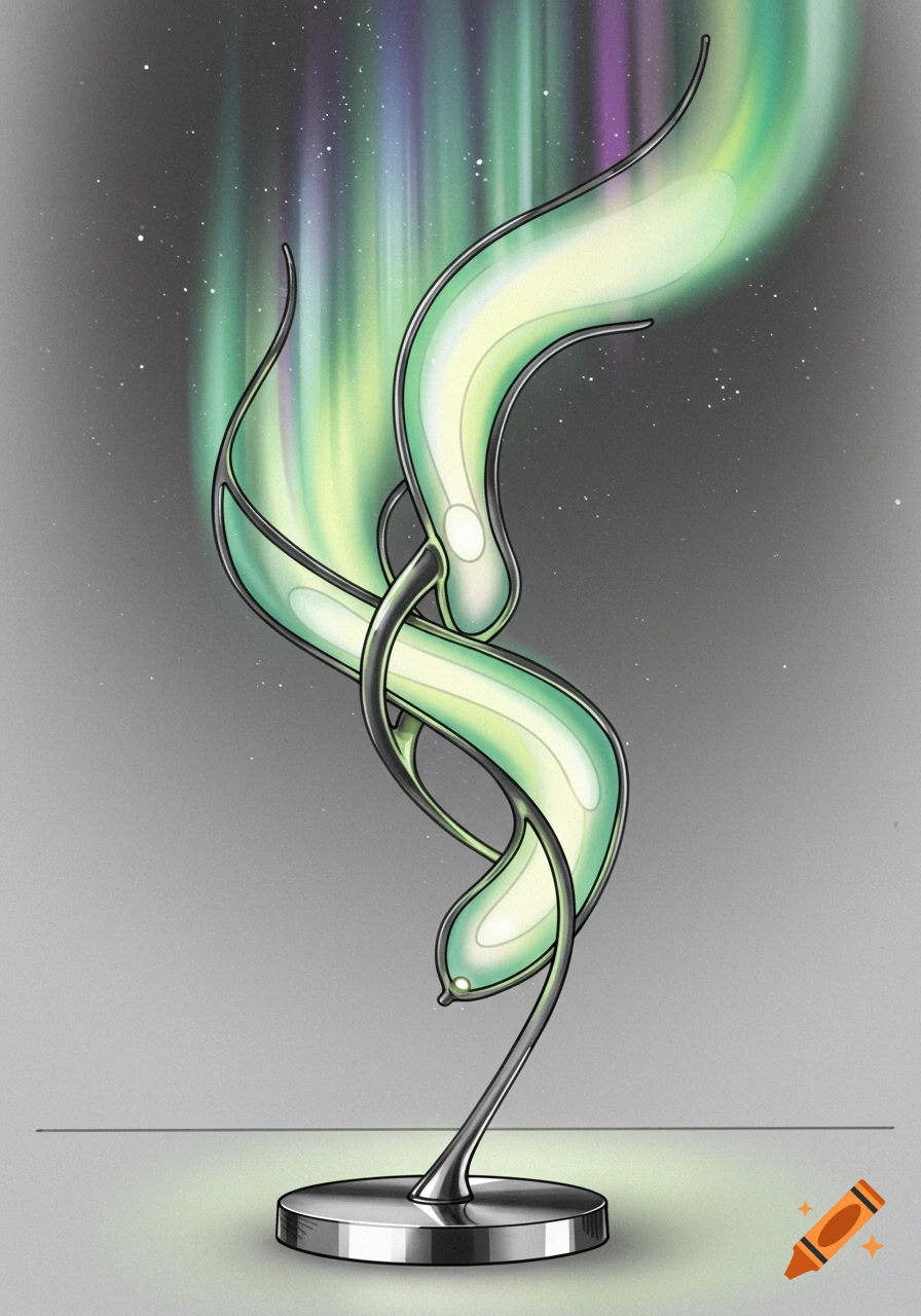 A sketch of an abstract lamp with a chrome base and a swirling, glowing green structure, topped by a green and purple aurora light effect.