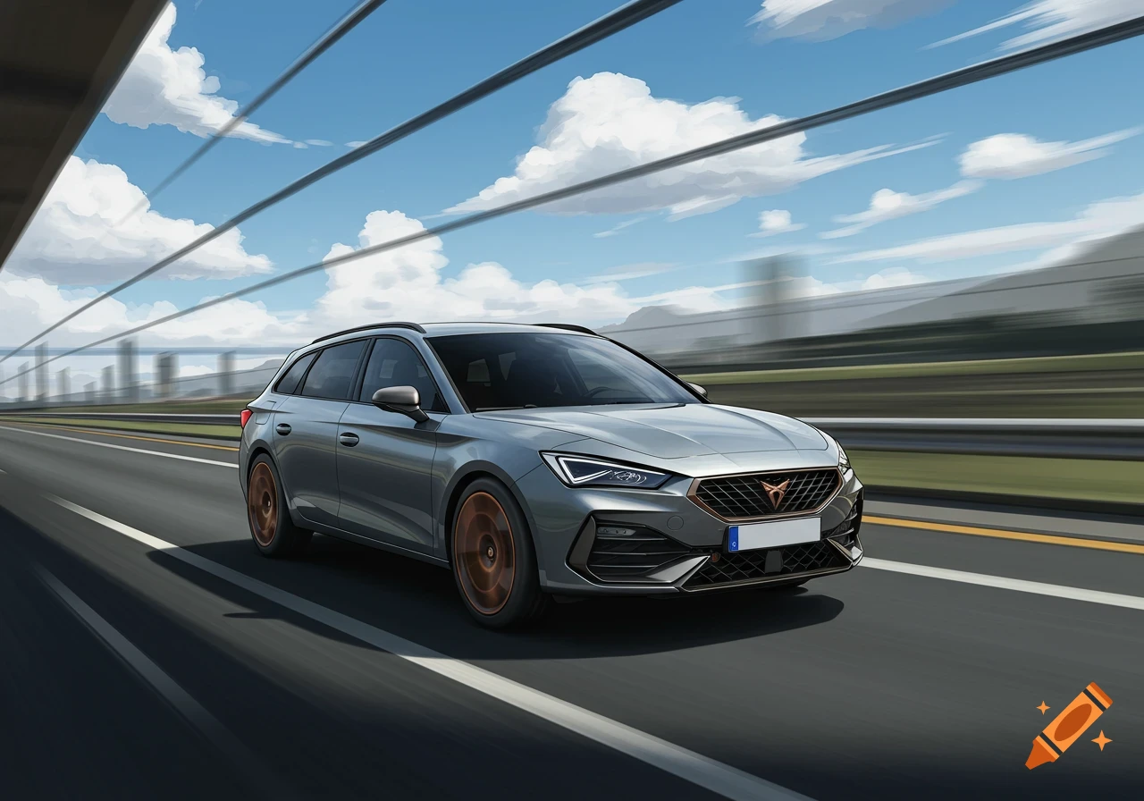 A grey Cupra Leon Sportstourer car drives on a highway's fast lane, depicted in a comic book style.