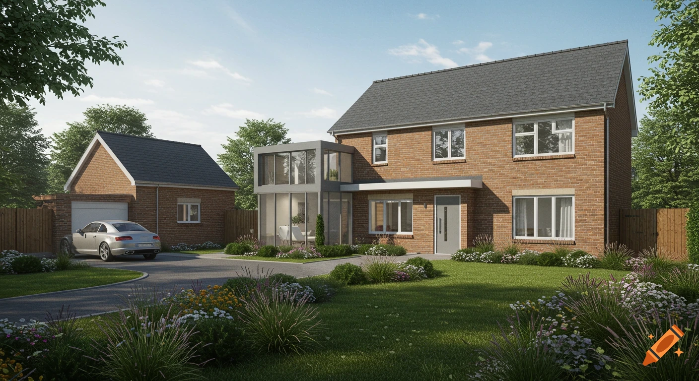 Photorealistic rendering of a brick house with a glass extension, connected to a detached garage, a silver car in the driveway, and a landscaped front yard.