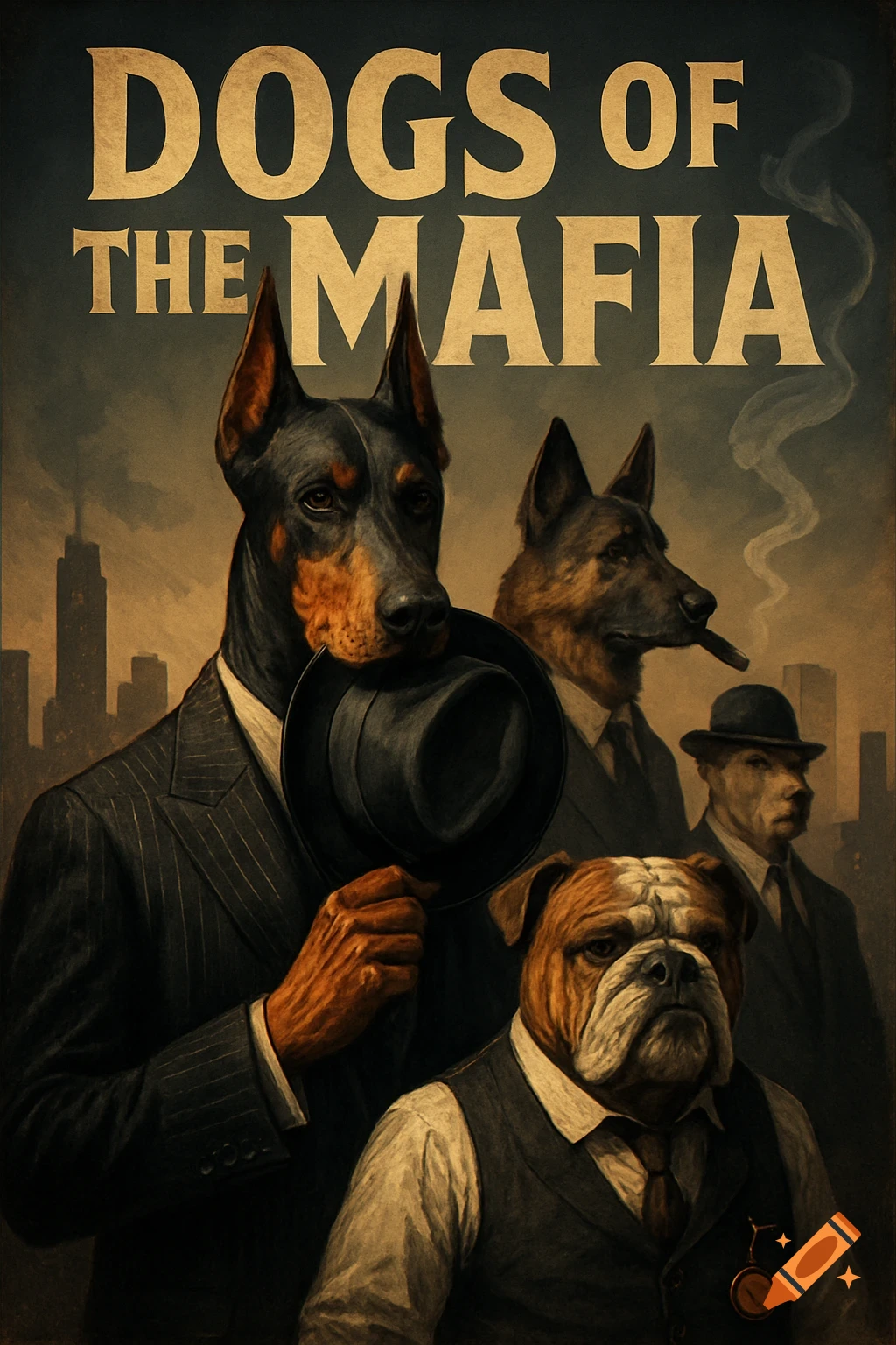 Vintage movie poster titled "DOGS OF THE MAFIA" depicting a Doberman, German Shepherd, and Bulldog as gangsters with a city skyline.