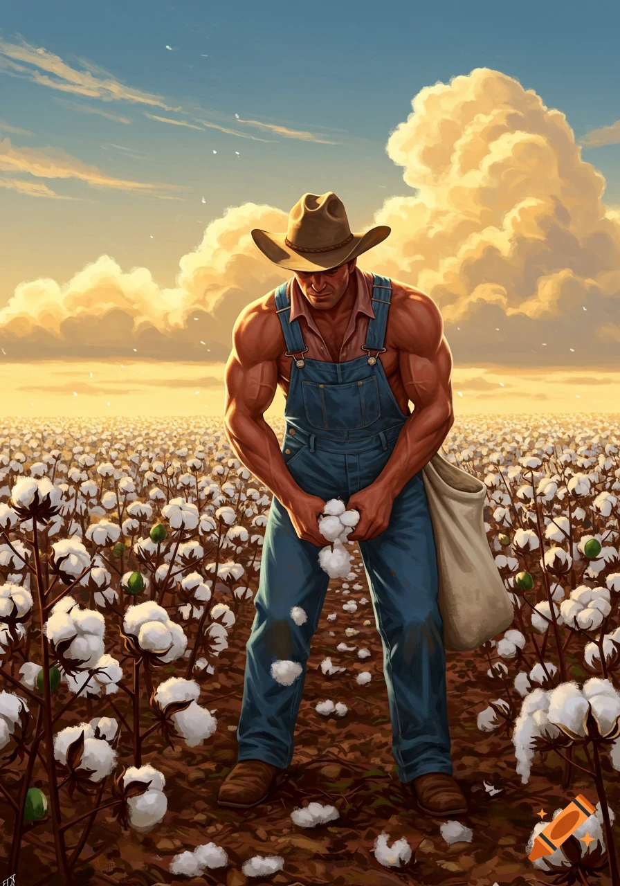 Muscular farmer in a straw hat and overalls picks cotton in a vast field at sunset, in a digital art style.