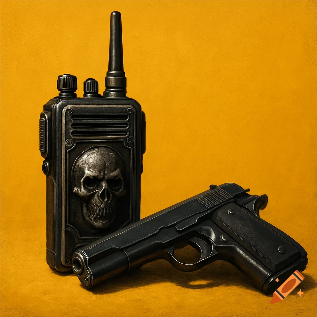 A black handgun lies next to a dark metal walkie-talkie with a skull emblem, set against a bright yellow background.