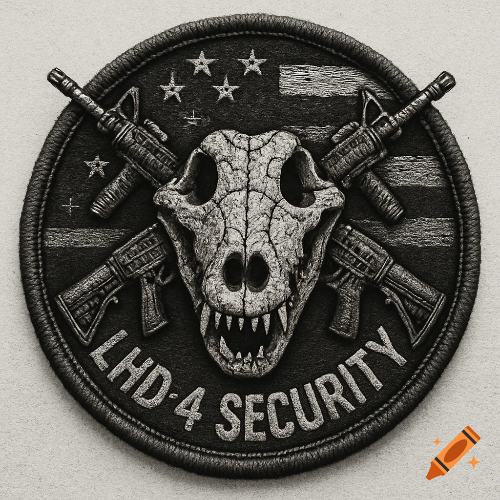 A black and white embroidered patch with a cracked gator skull, crossed AR-15 rifles, an American flag background, and "LHD-4 SECURITY" text.