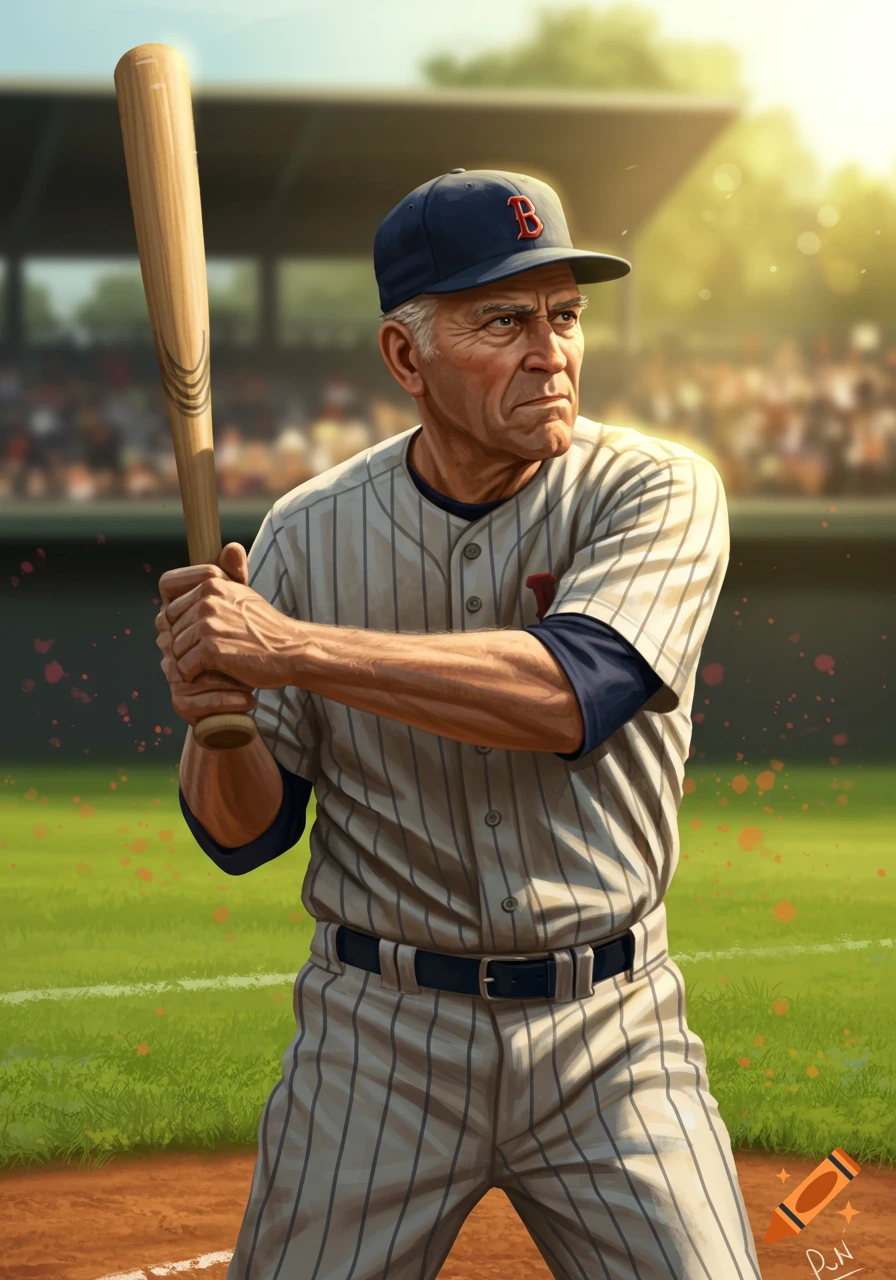 An older man in a striped baseball uniform and a cap with a 'B' emblem holds a baseball bat, standing on a field with a stadium in the background, in an illustrative style.