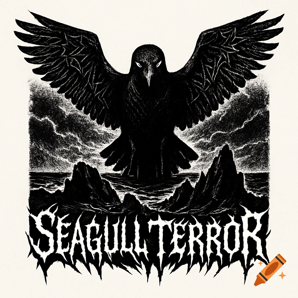 Dark black and white illustration of a menacing bird over stormy sea and rocks, with 'SEAGULL TERROR' in black metal font.
