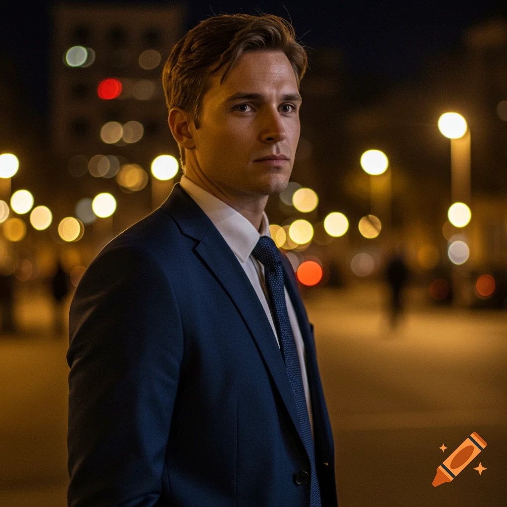 A man in a blue suit and tie looks forward, standing on a street at night with blurry yellow and red lights in the background.