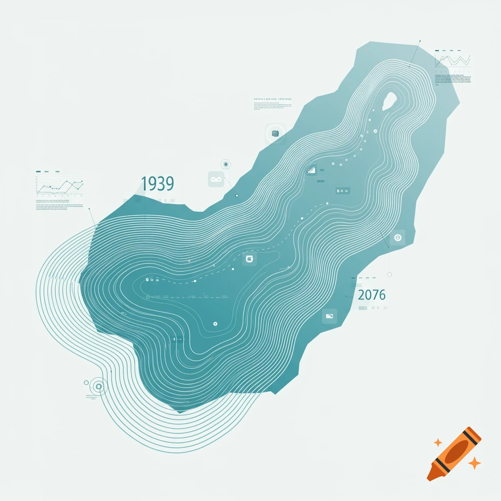 Minimalist illustration of a hydrological basin as a digital twin, with topographic lines, data points, and numbers 1939 and 2076, on a light background.