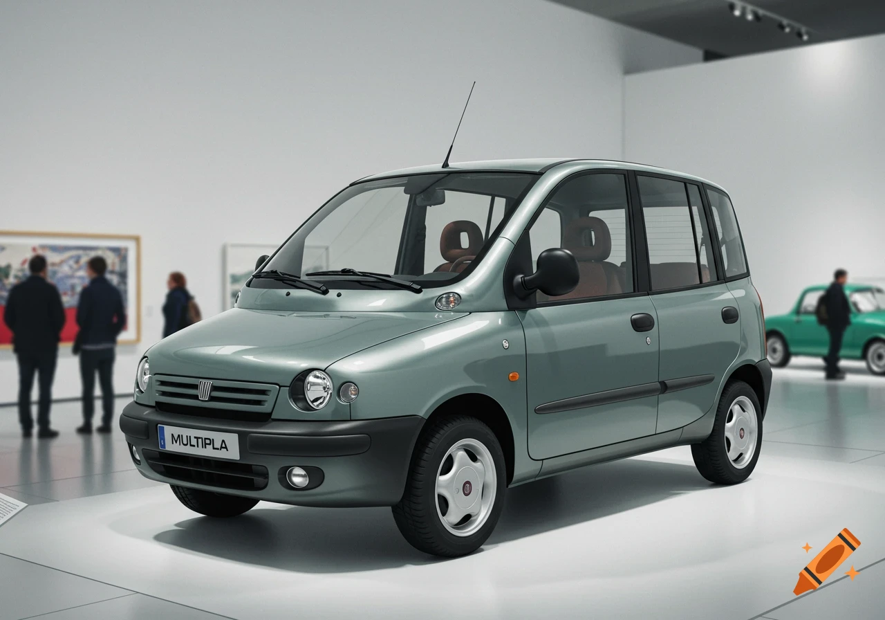 A light green Fiat Multipla car on display in a modern art museum, with blurred visitors and a second car.