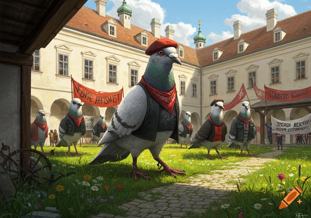 Anthropomorphic pigeons dressed as anarchists demonstrate in a sunny European courtyard with banners.
