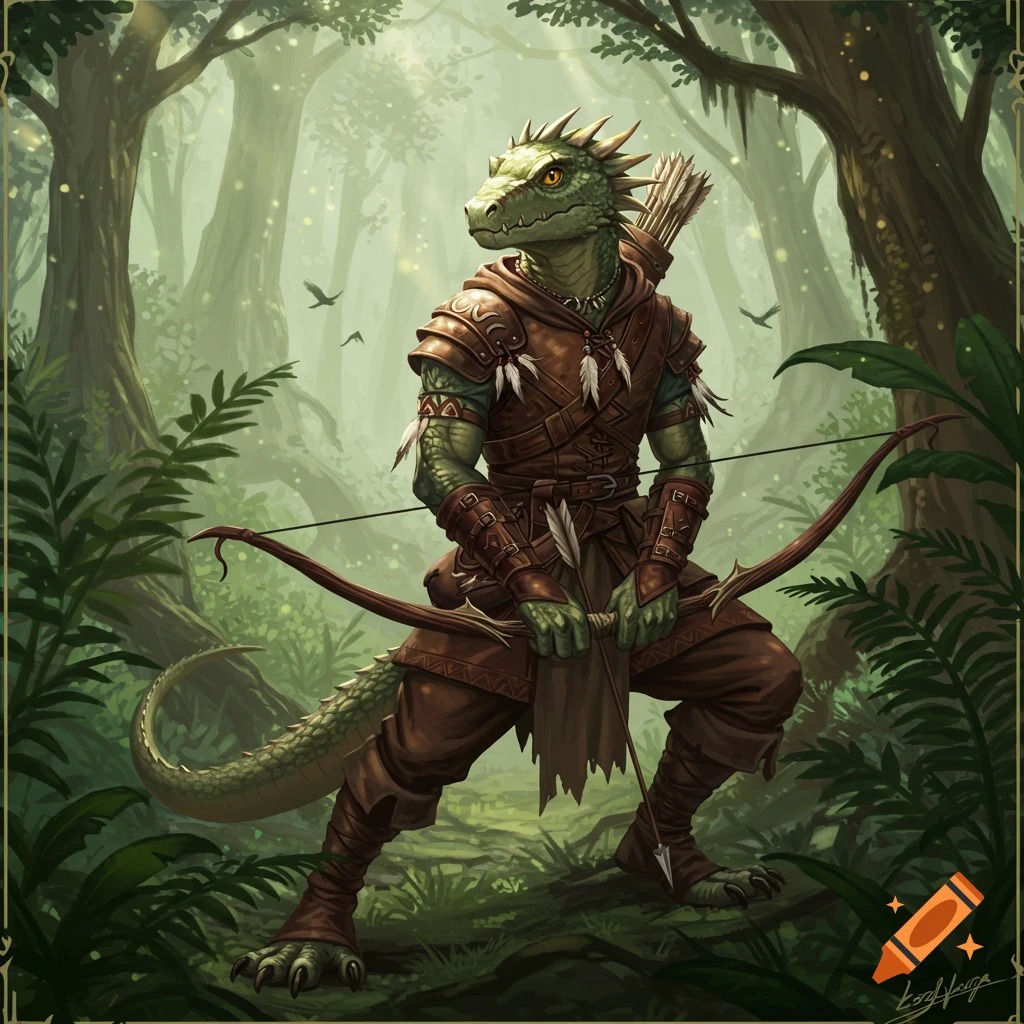 A detailed fantasy illustration of a green lizardfolk ranger in brown leather armor, holding a bow in a lush forest.