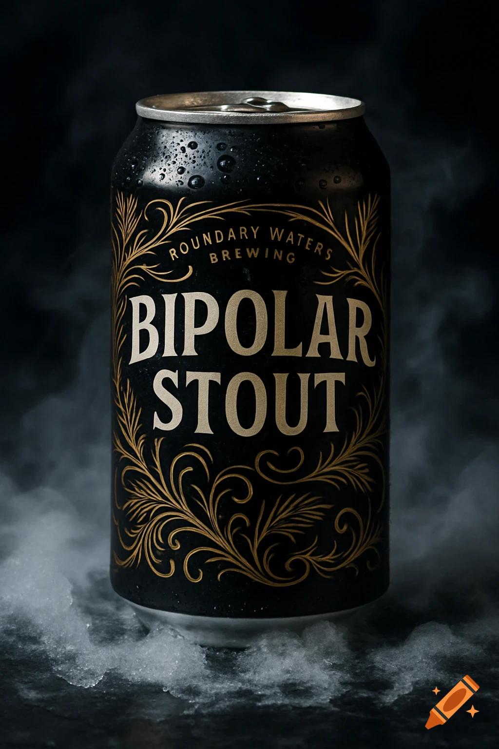 A dark beer can, labeled 'Bipolar Stout' and 'Roundary Waters Brewing' in gold ornate text, stands on ice with surrounding mist.