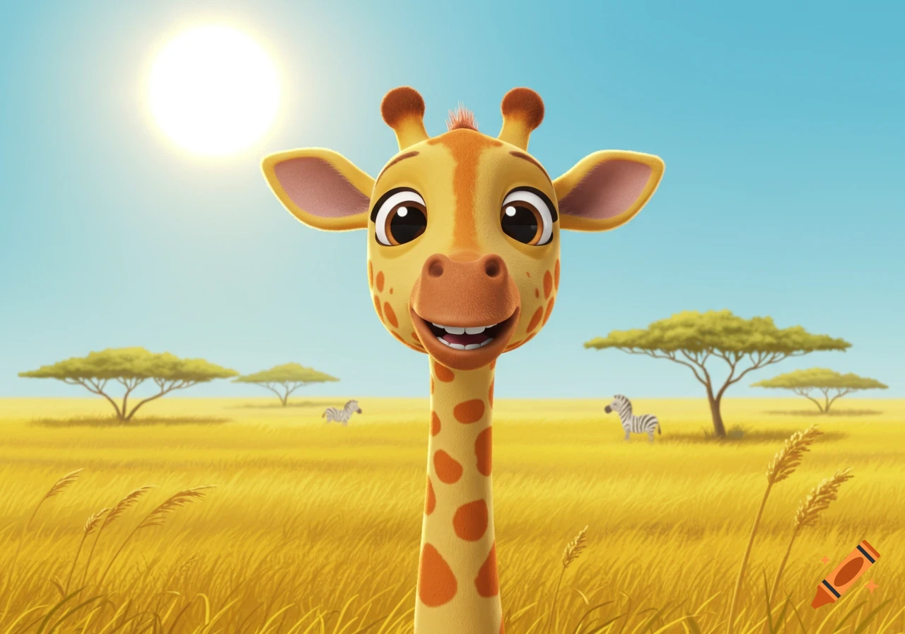 A close-up of a happy cartoon giraffe smiling in a lush savanna under a bright sun, with acacia trees and distant zebras.