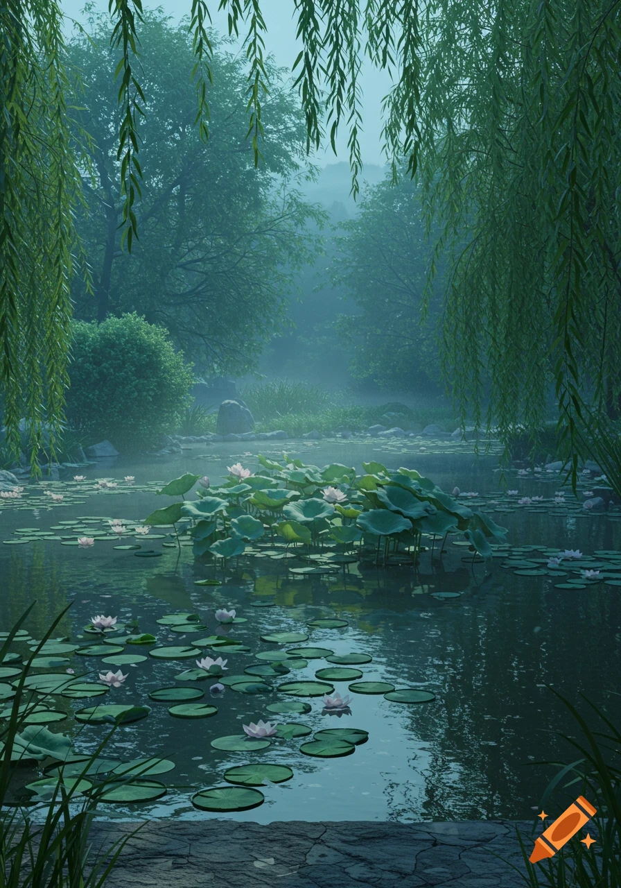 A serene, misty lotus pond with pink water lilies and willow trees reflecting in the tranquil water, under soft moonlight.