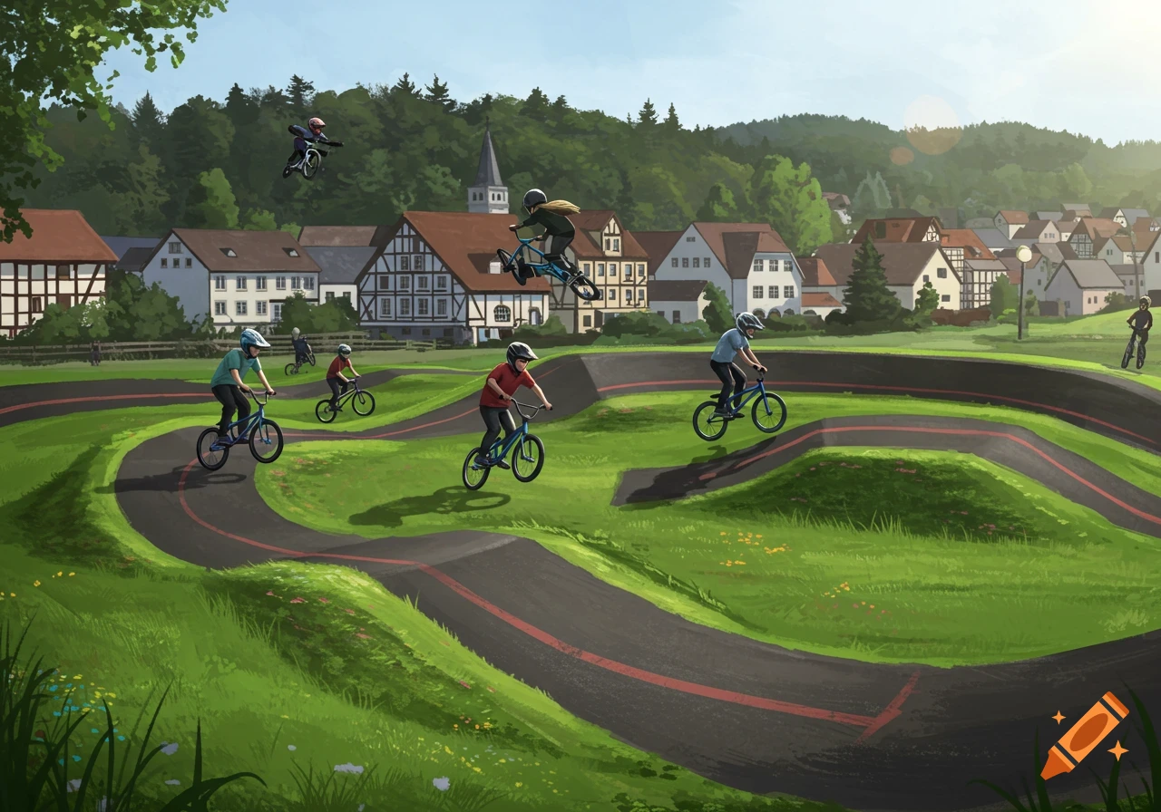 Illustration of teenagers on BMX bikes riding a pump track through a green valley with a European village and forested hills in the background.
