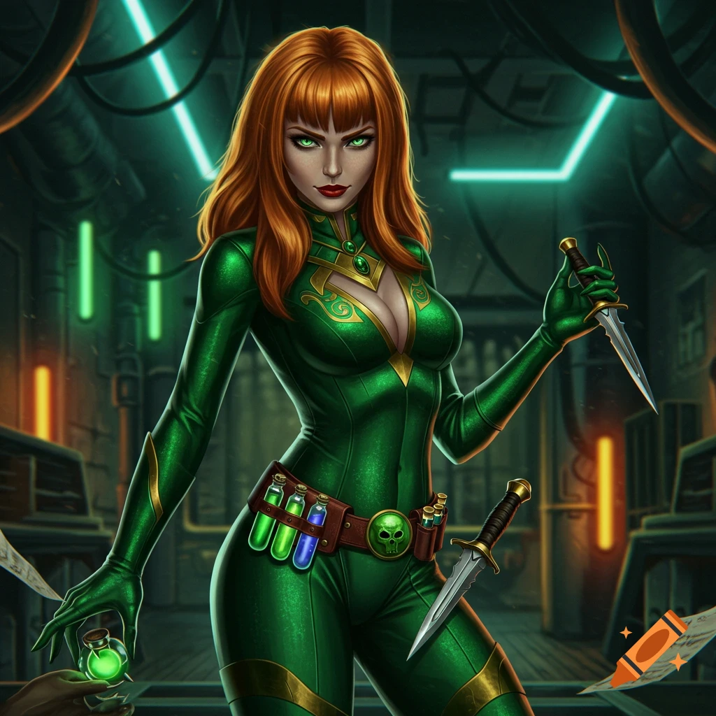 A red-haired female super villain in a green spandex suit, holding a dagger and a glowing vial, stands in a futuristic setting.