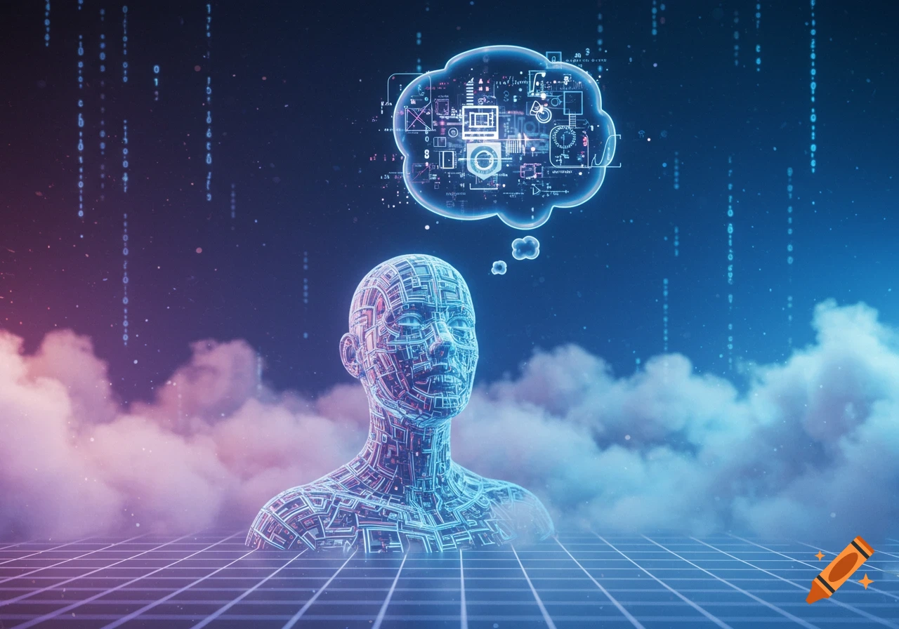An abstract humanoid AI made of circuits floats in a digital environment with a thought bubble containing symbols, surrounded by neon lights and clouds.