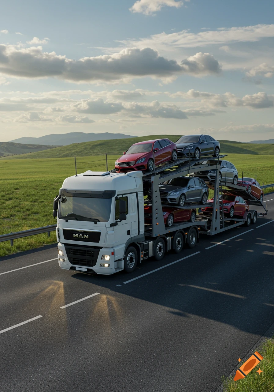 A white MAN truck transports multiple cars on a multi-level trailer along a highway through a green landscape under a cloudy sky.