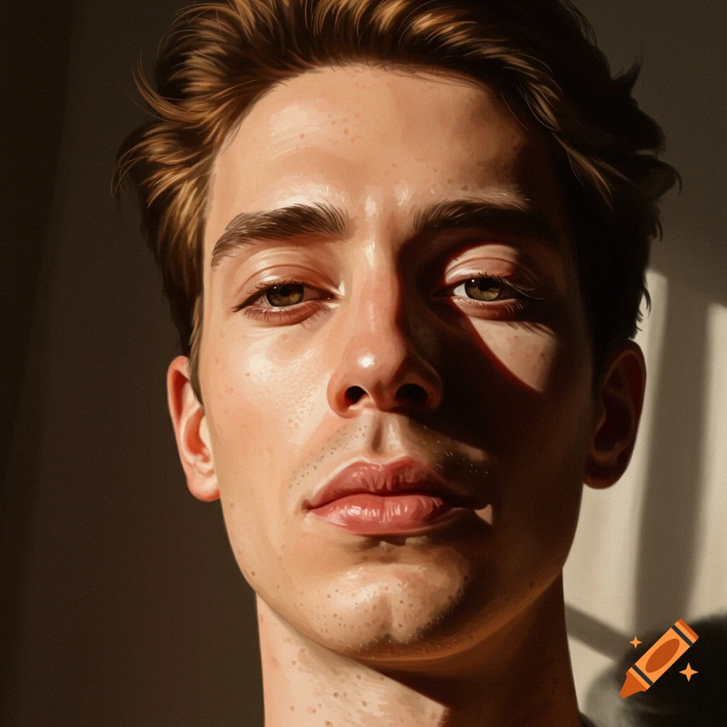 Close-up digital painting of a young man with brown hair and green eyes, illuminated by dramatic sunlight from the side, casting striped shadows.