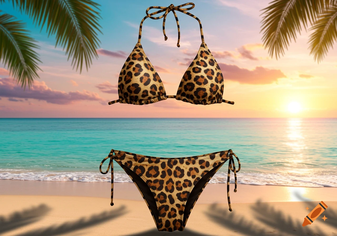 A leopard print bikini top and bottom floating against a background of a beach with turquoise water and a sunset, framed by palm leaves.