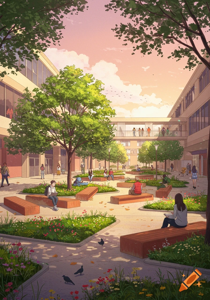 Anime-style illustration of a vibrant university campus courtyard at sunset, with students relaxing on benches among trees and flowerbeds, and birds on the ground.