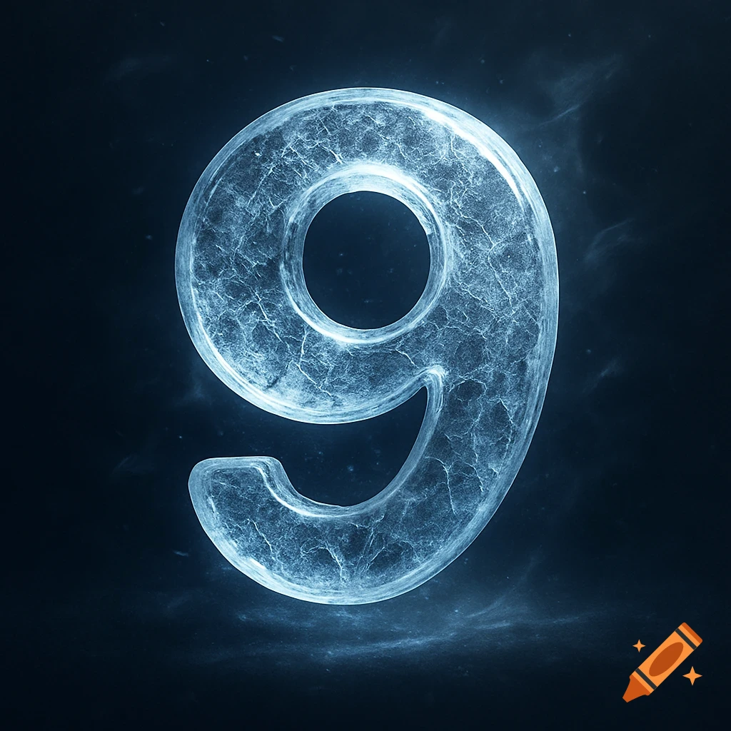 A stylized icy blue number 9 against a dark, smoky background.